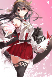 Rule 34 | 10s, 1girl, black hair, boots, detached sleeves, hairband, haruna (kancolle), highres, japanese clothes, kantai collection, long hair, long sleeves, looking at viewer, miwano rag, nontraditional miko, outstretched hand, personification, ragu (myan nyan), red eyes, simple background, skirt, smile, solo, thigh boots, thighhighs