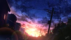 Rule 34 | absurdres, cloud, colorful, commentary request, constellation, dusk, evening, highres, house, lens flare, light, namizukuri, no humans, original, outdoors, road, scenery, signature, sky, star (sky), star trail, starry sky, street, sunset, tree, twilight, utility pole