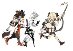 Rule 34 | 1girl, aak (arknights), animal ears, arknights, black hair, blonde hair, cat ears, choker, coat, colored sclera, dress, earrings, horns, ifrit (arknights), jacket, jewelry, long sleeves, mephisto (arknights), multiple boys, open clothes, open coat, open mouth, orange tunic, short hair, shorts, simple background, smile, tail, twintails, weapon, white coat, yellow sclera, yu yanshu