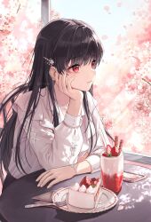 Rule 34 | 1girl, black hair, blush, cake, cake slice, cherry blossoms, closed mouth, commentary, day, drink, falling petals, flower, food, fork, fruit, hair ornament, hairclip, hand rest, highres, jewelry, long hair, looking to the side, necklace, original, petals, phone, pink flower, plate, plus1024, red eyes, shirt, sitting, solo, strawberry, strawberry cake, symbol-only commentary, twitter username, upper body, white shirt