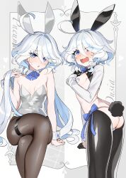 Rule 34 | 2girls, ahoge, alternate costume, animal ears, ass, black gloves, black pantyhose, blue eyes, blue hair, blush, breasts, commentary request, cowboy shot, crossed legs, detached collar, dual persona, embarrassed, eyelashes, fake animal ears, fake tail, furina (genshin impact), furrowed brow, genshin impact, gloves, hair between eyes, heterochromia, highres, leotard, long hair, looking at viewer, looking back, meme attire, multicolored hair, multiple girls, open mouth, pantyhose, parted lips, pasties, playboy bunny, rabbit ears, rabbit tail, reverse bunnysuit, reverse outfit, short hair, sidelocks, sitting, small breasts, standing, strapless, strapless leotard, streaked hair, sweat, sweatdrop, tail, tears, thigh strap, twitter username, two-tone hair, very long hair, wai1010, white hair, white leotard, wrist cuffs