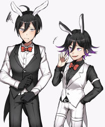 Rule 34 | 2boys, ahoge, animal ears, bad id, bad pixiv id, belt, black gloves, black hair, black pants, bow, bowtie, collared shirt, commentary request, danganronpa (series), danganronpa v3: killing harmony, dress shirt, formal, gloves, hand in pocket, hand up, highres, long sleeves, looking at viewer, male focus, multicolored hair, multiple boys, multiple views, open mouth, oma kokichi, pants, purple eyes, rabbit boy, rabbit ears, red bow, saihara shuichi, shirt, simple background, smile, squiggle, vest, waistcoat, white belt, white pants, zabe o
