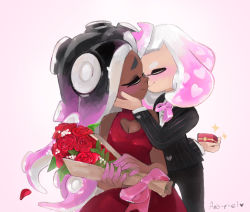 Rule 34 | 2girls, artist name, ava-riel, blush, bouquet, breasts, buttons, cleavage, cleavage cutout, closed eyes, clothing cutout, commentary, crossdressing, dark-skinned female, dark skin, dress, english commentary, face-to-face, facing another, flower, formal, hand on another&#039;s cheek, hand on another&#039;s face, heart, heart button, heart cutout, holding, holding bouquet, kiss, long sleeves, marina (splatoon), multiple girls, nintendo, octoling, pearl (splatoon), pinstripe pattern, pinstripe suit, red dress, red flower, red rose, rose, sleeveless, sleeveless dress, smile, sparkle, splatoon (series), splatoon 2, striped, suit, tentacle hair, tuxedo, valentine, yuri