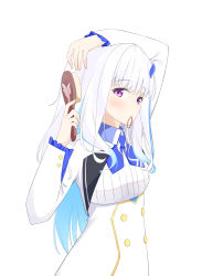 Rule 34 | 1girl, absurdres, arm up, blue hair, blue neckwear, blush, closed mouth, commentary request, dress, hair brush, hair ornament, hair tie, hair tie in mouth, hand up, highres, holding, holding brush, jacket, lize helesta, long hair, long sleeves, mouth hold, multicolored hair, nijisanji, purple eyes, roido (taniko-t-1218), simple background, sleeves past wrists, solo, two-tone hair, very long hair, virtual youtuber, white background, white dress, white hair, white jacket