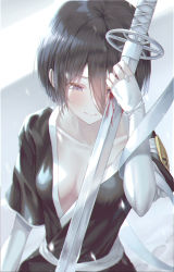 Rule 34 | 1girl, 3:, bandages, black hair, black kimono, bleach, blood, bloody weapon, breasts, cleavage, closed mouth, commentary request, frown, hair between eyes, highres, holding, holding sword, holding weapon, japanese clothes, kimono, kuchiki rukia, looking away, looking down, moda (mo da 3), short hair, short sleeves, small breasts, solo, sword, weapon
