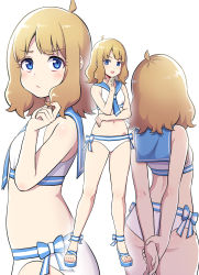 Rule 34 | 1girl, :/, absurdres, arms behind back, ass, bare legs, bikini, blonde hair, blue bow, blue eyes, blue footwear, blue sailor collar, blush, bow, closed mouth, cowboy shot, dia (yvirus68), full body, gluteal fold, hand on own chin, highres, idolmaster, idolmaster million live!, looking at viewer, multiple views, navel, own hands together, playing with own hair, sailor bikini, sailor collar, sailor swimsuit (idolmaster), sandals, short hair, sidelocks, simple background, suou momoko, swimsuit, v-shaped eyebrows, white background, white bikini