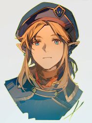 Rule 34 | 1boy, blonde hair, blue eyes, blue hat, closed mouth, earrings, grey background, hat, highres, jewelry, link, looking at viewer, low ponytail, male focus, medium hair, military hat, military uniform, nintendo, parted bangs, pointy ears, portrait, royal guard set (zelda), sidelocks, solo, the legend of zelda, the legend of zelda: tears of the kingdom, uniform, yuno 11 02