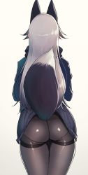 Rule 34 | 10s, 1girl, absurdres, amano don, animal ears, ass, bad id, bad twitter id, blazer, clothes lift, fox ears, fox tail, from behind, grey hair, highres, jacket, kemono friends, lifted by tail, long hair, panties, panties under pantyhose, pantyhose, scarf, silver fox (kemono friends), skirt, skirt lift, solo, tail, thigh gap, underwear