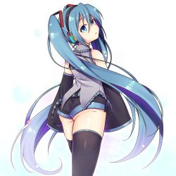 Rule 34 | 1girl, ass, bad id, bad pixiv id, blue eyes, blue hair, detached sleeves, from behind, hatsune miku, headphones, hikataso, long hair, looking at viewer, looking back, short shorts, shorts, solo, thighhighs, twintails, very long hair, vocaloid, white background