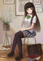 Rule 34 | 1girl, 2015, artist name, bag, black thighhighs, blue skirt, blunt bangs, book, bow, bowtie, chair, collared shirt, drawing (object), dress shirt, green bow, green bowtie, green eyes, green ribbon, hair ribbon, holding, holding clothes, holding skirt, kirigaku luo, knees together feet apart, light rays, loafers, long hair, looking at viewer, original, paper, parted lips, picture frame, plant, pleated skirt, ribbon, school uniform, shadow, shirt, shoes, short sleeves, sitting, skirt, solo, straight hair, teeth, thighhighs, thighs, uniform, white shirt