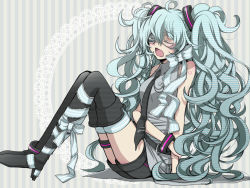 Rule 34 | 1girl, ahoge, aqua hair, boots, colored eyelashes, eyelashes, eyepatch, closed eyes, hatsune miku, high heels, inukai (g a), long hair, necktie, open mouth, ribbon, shoes, shorts, sitting, solo, thigh boots, thighhighs, very long hair, vocaloid
