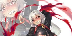 Rule 34 | 1girl, ahoge, areola slip, arm up, blood, blush, breasts, clenched teeth, collar, commission, cropped, grey hair, hair between eyes, highres, large breasts, long hair, original, red collar, red eyes, revealing clothes, solo, tamada heijun, teeth, torn clothes, underboob, zipper, zipper pull tab