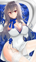 Rule 34 | 1girl, absurdres, azur lane, bare shoulders, breasts, cleavage, commentary request, dress, elbow gloves, fingerless gloves, gloves, grey hair, highres, jewelry, large breasts, long hair, mole, mole under eye, red eyes, saint-louis (azur lane), saint-louis (holy knight&#039;s resplendence) (azur lane), saint-louis (holy knight&#039;s resplendence) (azur lane), sleeveless, sleeveless dress, solo, thighhighs, yuuki atori