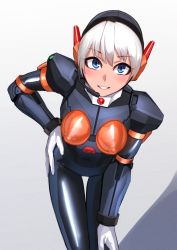 Rule 34 | 1girl, absurdres, blue eyes, blush, bodysuit, character request, gloves, headset, highres, kilye kairi, leaning forward, looking at viewer, mega man (series), mega man x: command mission, mega man x (series), microphone, robot ears, smile, solo, thigh gap, white background, white gloves, white hair