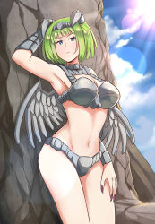 Rule 34 | 1girl, arm up, armpits, blue eyes, blue sky, blurry, bokeh, breasts, cloud, depth of field, frown, granity (monster farm), green hair, groin, horns, large breasts, long tail, monster farm, navel, short hair, sky, solo, tail, thighs, untold, wings