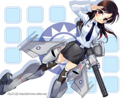 Rule 34 | 1girl, aircraft, airplane, brown eyes, brown hair, dutch angle, f-ck-1, female focus, girl arms, gun, jet, long hair, mecha musume, military, necktie, personification, salute, skirt, solo, thighhighs, wallpaper, weapon, white background, zeco