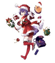 Rule 34 | 1girl, bag, bernadetta von varley, boots, box, fire emblem, fire emblem: three houses, fire emblem heroes, full body, fur trim, gift, gift box, gloves, hat, highres, holding, leg up, long sleeves, looking at viewer, looking back, miniskirt, nintendo, official art, open mouth, pom pom (clothes), purple eyes, purple hair, red footwear, red gloves, red shorts, red skirt, santa hat, scarf, short hair, shorts, skirt, stuffed toy, sweat, sweatdrop, thigh boots, thighhighs, tobi (kotetsu), torn clothes, transparent background