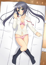 Rule 34 | 1girl, black eyes, black hair, black legwear, blush, bow, bow panties, bra, breasts, cla (torinabe), futon, groin, k-on!, lingerie, long hair, looking at viewer, lying, nakano azusa, navel, no pants, no shoes, on back, open clothes, panties, pink bra, pink panties, school uniform, small breasts, solo, twintails, underwear, undressing