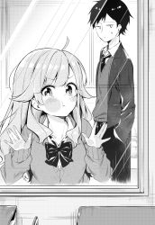 Rule 34 | 1boy, 1girl, :t, against glass, ahoge, bad id, bad pixiv id, blazer, blush, bow, bowtie, cardigan, chair, cheek squash, closed mouth, collarbone, collared shirt, commentary request, desk, greyscale, hand in pocket, highres, indoors, jacket, long hair, long sleeves, looking at viewer, monochrome, necktie, open clothes, open jacket, original, pants, sakuragi ren, school chair, school desk, shirt, sleeves past wrists, sweat, tareme, very long hair