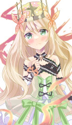 Rule 34 | 1girl, bare shoulders, blonde hair, blush, bow, butterfly hair ornament, celine (fire emblem), clenched hand, closed mouth, crown, dress, dress bow, fire emblem, fire emblem engage, flower, frown, green bow, green dress, green eyes, hair flower, hair ornament, highres, long hair, looking at viewer, nintendo, orange bow, potato0805, solo, very long hair, wrist bow