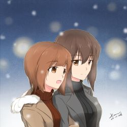 Rule 34 | 10s, 2girls, brown eyes, brown hair, couple, dated, dconan owo, girls und panzer, holding own arm, incest, jacket, multiple girls, nishizumi maho, nishizumi miho, open mouth, siblings, sisters, smile, snow, sweater, turtleneck, turtleneck sweater, winter, winter clothes, yuri