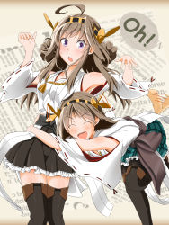 Rule 34 | 10s, 2girls, :d, :o, ^ ^, bare shoulders, black legwear, blue eyes, blush, boots, breasts, brown hair, detached sleeves, double bun, closed eyes, hair ornament, hairband, headgear, hiei (kancolle), highres, hug, hug from behind, japanese clothes, kantai collection, kongou (kancolle), long hair, medium breasts, miko, multiple girls, nontraditional miko, open mouth, panikuru yuuto, pantyhose, personification, plaid, ribbon-trimmed sleeves, ribbon trim, short hair, skirt, smile, thigh boots, thighhighs, wide sleeves, zettai ryouiki