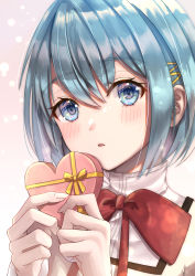 Rule 34 | 1girl, absurdres, blue eyes, blue hair, blush, bow, bowtie, box, candy, chocolate, chocolate heart, food, gift, gift box, hair between eyes, hair ornament, hairclip, heart, highres, holding, holding box, looking at viewer, mahou shoujo madoka magica, mahou shoujo madoka magica (anime), miki sayaka, mimiko (artist), mitakihara school uniform, open mouth, parted lips, portrait, red bow, red bowtie, school uniform, shirt, short hair, simple background, solo, valentine, white background, white shirt