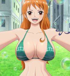 Rule 34 | 1girl, artist request, bikini, bikini top only, breasts, brown eyes, bubble, city, curvy, female focus, grass, large breasts, long hair, looking at viewer, nami (one piece), one piece, orange hair, swimsuit, tattoo