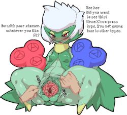 Rule 34 | blush, breasts, covered erect nipples, creatures (company), fat mons, furry, game freak, gen 4 pokemon, interspecies, nezunezu, nintendo, pokemon, pokemon (creature), pussy, red eyes, roserade, small breasts, spread pussy, text focus, translated