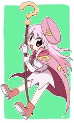 Rule 34 | 1girl, ?, benesse, border, brown eyes, brown footwear, cloak, dokan (dkn), gloves, green background, hat, hatena yousei, highres, holding, holding staff, long hair, open mouth, pink cloak, pink hair, pink hat, solo, staff, white border, white gloves