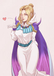 Rule 34 | 1girl, armor, blonde hair, blue eyes, cape, dress, final fantasy, final fantasy iv, final fantasy iv: the after years, gloves, heart, highres, jewelry, lips, non-web source, one eye closed, rosa farrell, shoulder armor, simple background, solo, white gloves, yukimedonn