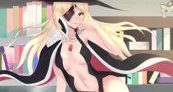 Rule 34 | 1girl, absurdres, blonde hair, blush, book, bookshelf, breasts, cape, cat, contrapposto, finger to mouth, green eyes, hat, highres, light-schizophrenia, long hair, medium breasts, navel, othinus, relpama, solo, toaru majutsu no index, toaru majutsu no index: new testament, witch hat