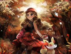 Rule 34 | 10s, 1girl, absurdres, autumn, bad id, bad pixiv id, bag, black thighhighs, blue eyes, blush, breasts, brown hair, creatures (company), fennekin, forest, game freak, gen 6 pokemon, hat, highres, leaf, long hair, looking at viewer, medium breasts, nature, nintendo, pleated skirt, poke ball, pokemon, pokemon (creature), pokemon xy, revanche, serena (pokemon), skirt, sleeveless, thighhighs, tree