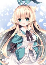 Rule 34 | 1girl, :d, alice (grimms notes), apron, bad id, bad pixiv id, black bow, blonde hair, blue dress, blush, bow, breasts, collared dress, commentary request, dress, frilled apron, frilled sleeves, frills, green eyes, green hairband, green ribbon, grimms notes, hair ribbon, hairband, head tilt, interlocked fingers, layered sleeves, long hair, long sleeves, looking at viewer, nanase nao, open mouth, puffy short sleeves, puffy sleeves, ribbon, round teeth, short over long sleeves, short sleeves, small breasts, smile, solo, teeth, upper body, upper teeth only, very long hair, white apron, wide sleeves