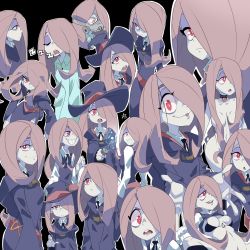 Rule 34 | 1girl, bra, breasts, censored, closed mouth, dress, closed eyes, hair over one eye, hat, highres, little witch academia, long hair, mr.psina, nightgown, nude, one eye covered, open mouth, purple hair, red eyes, robe, smile, sucy manbavaran, tongue, tongue out, underwear, witch hat