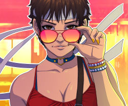 Rule 34 | 1girl, adjusting eyewear, adjusting glasses, aviator sunglasses, blurry, blurry background, bra strap, bracelet, breasts, brown eyes, brown hair, camisole, casual, choker, cleavage, collarbone, commentary, earrings, english commentary, exmile, fingernails, headband, heart, heart choker, highres, jewelry, kasugano sakura, light smile, lips, looking at viewer, looking over eyewear, looking over glasses, medium breasts, multicolored hair, nail polish, o-ring, o-ring choker, orange-tinted eyewear, orange-tinted glasses, photo background, pink-tinted eyewear, pink-tinted glasses, red-framed eyewear, red camisole, short hair, solo, spaghetti strap, star (symbol), star earrings, streaked hair, street fighter, sunglasses, tinted eyewear, upper body, white headband, yellow nails