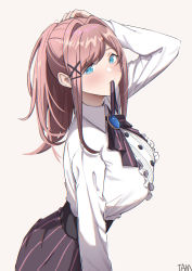 Rule 34 | 1girl, absurdres, black ribbon, black skirt, blue eyes, blue nails, blush, breasts, brooch, brown hair, chinese commentary, closed mouth, collared shirt, cowboy shot, dress shirt, frilled shirt, frills, grey background, hair ornament, hair tie in mouth, hairclip, hand on own head, highres, jewelry, large breasts, long sleeves, looking at viewer, medium hair, mouth hold, nail polish, neck ribbon, nijisanji, official alternate costume, parted bangs, ponytail, ribbon, shirt, shirt tucked in, sidelocks, signature, simple background, skirt, smile, solo, striped clothes, striped skirt, suzuhara lulu, suzuhara lulu (1st costume), tamago (eva1314056), tented shirt, vertical-striped clothes, vertical-striped skirt, virtual youtuber, white shirt, wing collar, x hair ornament
