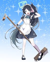 Rule 34 | 1girl, :d, absurdres, apron, aqua halo, aris (blue archive), aris (maid) (blue archive), black dress, black hair, blue archive, blue eyes, dress, frilled apron, frills, halo, highres, holding, holding mop, long hair, maid, maid apron, maid headdress, mop, official alternate costume, open mouth, ponytail, puffy short sleeves, puffy sleeves, rectangular halo, ribbon, rlqns9995, short sleeves, smile, solo, standing, very long hair, white apron