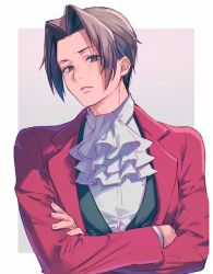 Rule 34 | 1boy, ace attorney, ascot, black eyes, black hair, crossed arms, hair intakes, jacket, long sleeves, looking at viewer, male focus, miles edgeworth, nekoyashiki pushio, parted lips, red jacket, short hair, solo, upper body, white ascot