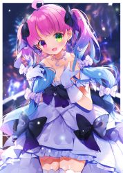 Rule 34 | 1girl, :d, ahoge, bare shoulders, blush, bracelet, candy hair ornament, crescent, crescent necklace, diamond-shaped pupils, diamond (shape), dress, food-themed hair ornament, frilled dress, frills, gloves, gradient hair, green eyes, hair ornament, hand on own chest, heterochromia, high-low skirt, highres, himemori luna, himemori luna (4th costume), hololive, jewelry, long hair, looking at viewer, multicolored hair, necklace, official alternate costume, official alternate hairstyle, open mouth, pearl bracelet, pearl necklace, pink hair, purple eyes, purple hair, ribbon-trimmed dress, sailor collar, short dress, smile, solo, strapless, strapless dress, symbol-shaped pupils, thighhighs, very long hair, virtual youtuber, white dress, white gloves, white sailor collar, white thighhighs, yun (dust-i1), zettai ryouiki