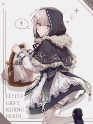 Rule 34 | 1girl, ?, add (fate), ahoge, alternate costume, basket, blush, bow, bread, cloak, commentary request, cosplay, creature, csyday, cube, dress, fate (series), food, fur trim, gray (fate), green eyes, grey hair, hair between eyes, highres, holding, holding basket, hood, hooded, hooded cloak, little red riding hood, little red riding hood (grimm), little red riding hood (grimm) (cosplay), lord el-melloi ii case files, parted lips, short hair, solo, teeth, thighhighs