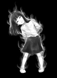 Rule 34 | 1girl, absurdres, black background, black hair, collared shirt, commentary request, greyscale, head tilt, highres, kneehighs, long hair, looking at viewer, monochrome, monoe, open mouth, ouhashi (yumenosukima), shirt, simple background, skirt, smile, socks, solo, yume nikki