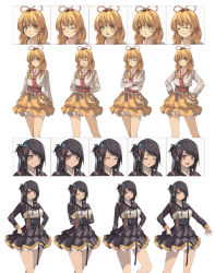 Rule 34 | 2girls, :d, :o, black hair, blonde hair, character sheet, crossed arms, dabi (ebs), educational broadcasting system, expressions, closed eyes, grin, hair ribbon, hami (ebs), hanbok, hands on own hips, korean clothes, long hair, looking at viewer, multiple girls, open mouth, red eyes, ribbon, smile, twintails, white background, yellow eyes, yohan12