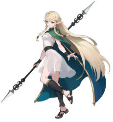 Rule 34 | 1girl, ass, blonde hair, braid, breasts, cape, cloak, dress, elf, eltolinde, full body, green eyes, highres, holding, holding weapon, leotard, long hair, looking at viewer, medium breasts, noma takafumi, official art, pointy ears, polearm, see-through, see-through dress, simple background, solo, spear, third-party source, twin braids, unicorn overlord, very long hair, weapon, white dress