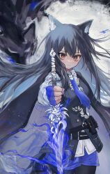 Rule 34 | 1girl, animal ear fluff, animal ears, arknights, black cape, black hair, black pantyhose, black vest, blue gloves, blue shorts, brown eyes, cape, closed mouth, commentary request, fingerless gloves, gloves, hair between eyes, highres, holding, holding sword, holding weapon, long hair, long sleeves, looking at viewer, morita (pixiv31883607), pantyhose, pantyhose under shorts, shirt, short shorts, shorts, solo, sword, texas (arknights), texas the omertosa (arknights), very long hair, vest, weapon, white shirt