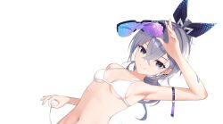 Rule 34 | 1girl, absurdres, arm strap, arm up, armpits, bare shoulders, bikini, breasts, commentary request, grey eyes, grey hair, grin, hair between eyes, hair ribbon, highres, honkai: star rail, honkai (series), long hair, looking at viewer, navel, ribbon, silver wolf (honkai: star rail), simple background, small breasts, smile, solo, stomach, sunglasses, swimsuit, upper body, white background, white bikini, yuxiang paci