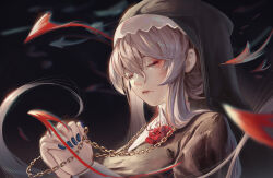 Rule 34 | 1girl, absurdres, arknights, beancake, chain, closed eyes, dark background, flower, gold chain, grey hair, hair between eyes, highres, holding, lips, long hair, long sleeves, nun, own hands clasped, own hands together, parted lips, praying, red flower, red rose, rose, solo, specter (arknights), upper body, veil, very long hair