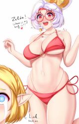Rule 34 | 2girls, anisdrawn, bare arms, bare shoulders, bikini, blonde hair, blue eyes, blush, breasts, commentary, crying, crying with eyes open, glasses, headband, highres, large breasts, multiple girls, navel, nintendo, nose blush, o-ring, o-ring bikini, pointy ears, princess zelda, purah, red-framed eyewear, red bikini, red headband, round eyewear, side-tie bikini bottom, simple background, stomach, swimsuit, tears, the legend of zelda, the legend of zelda: tears of the kingdom, thighs, white background, white hair