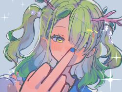 Rule 34 | 1girl, antlers, blue nails, ceres fauna, ceres fauna (jirai kei), detached sleeves, foreshortening, green hair, hair over one eye, highres, hololive, hololive english, horns, kokomi (aniesuakkaman), leaf, long hair, looking at viewer, middle finger, mole, mole under eye, nail polish, smile, solo, two side up, upper body, virtual youtuber, yellow eyes