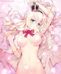 Rule 34 | 10s, 1girl, artist name, bed sheet, blonde hair, blue eyes, breasts, capelet, carnelian, convenient censoring, crown, from above, groin, hair between eyes, kantai collection, large breasts, lips, looking at viewer, lying, mini crown, navel, nude, on back, out-of-frame censoring, parted lips, petal censor, petals, solo, upper body, warspite (kancolle)